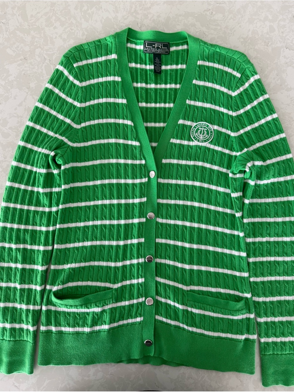 Vintage Ralph Lauren Green and White Stripe Cable-Knit Cardigan Women’s XL